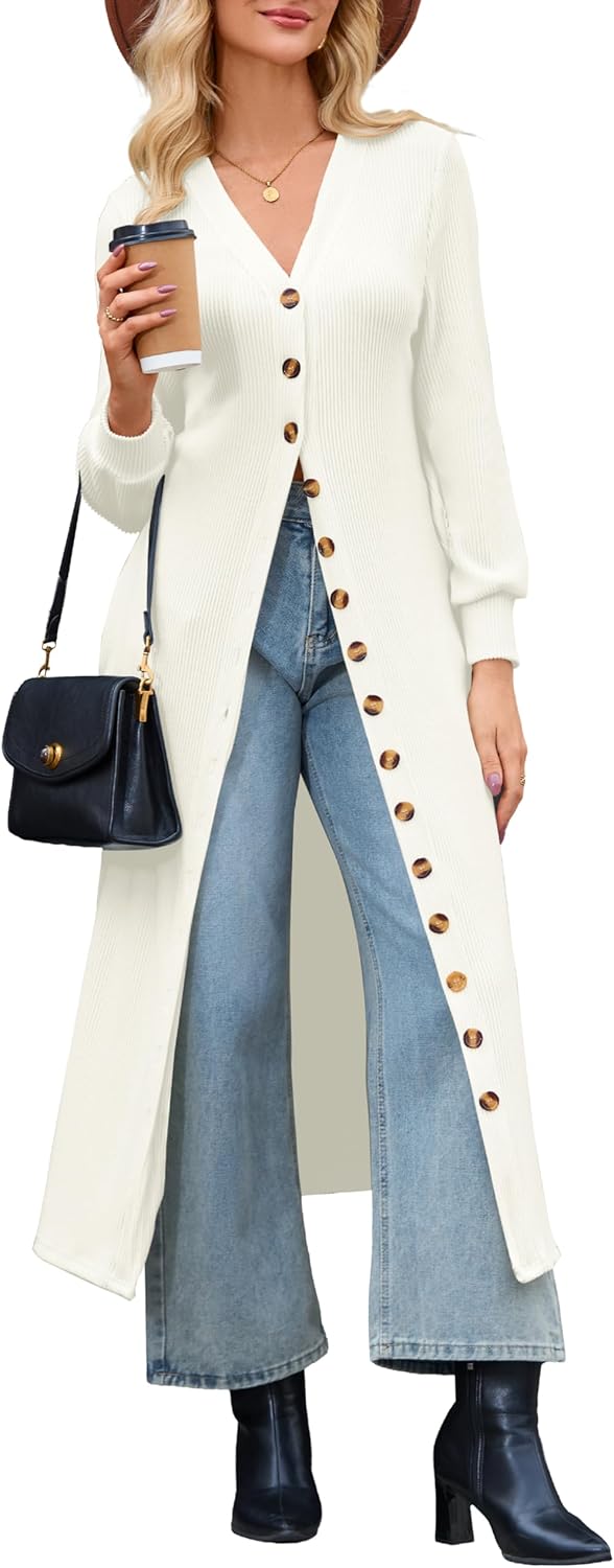 MAKABO Women's Long Button Up Cardigans Lightweight, V Neck Knit Sweaters with Pockets Trendy Outfits for Business Casual