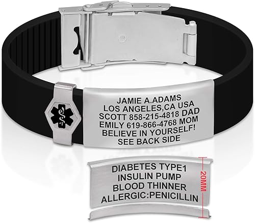 Divoti Sport ID Medical Alert Bracelet Personalized Medical ID Bracelet Trim-to-Fit Adjustable Various Silicone Band wSecurity Clasp Dual-Side