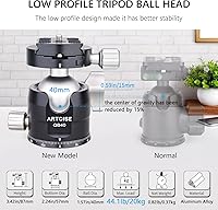 Vista 2 de Cabeza de trípode de cámara de perfil bajo con 2 placas de liberación rápida Arca de 1.575 in de aluminio 360 giratorio de cabeza de bola panorámica