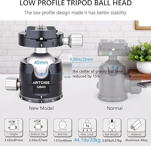 Miniatura 2 de Cabeza de trípode de cámara de perfil bajo con 2 placas de liberación rápida Arca de 1.575 in de aluminio 360 giratorio de cabeza de bola panorámica
