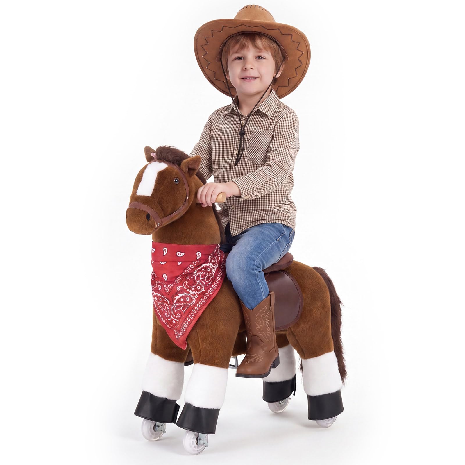 VEVOR Cavallo Cavalcabile per Bambini, Pony Cavalcabile con Ruote Scorrevoli, Cavallo Giocattolo con Anello Antirollio, Sedile Rialzato, Maniglie e Pedali, Carico Massimo 50 kg, per Bambini 3-8 Anni