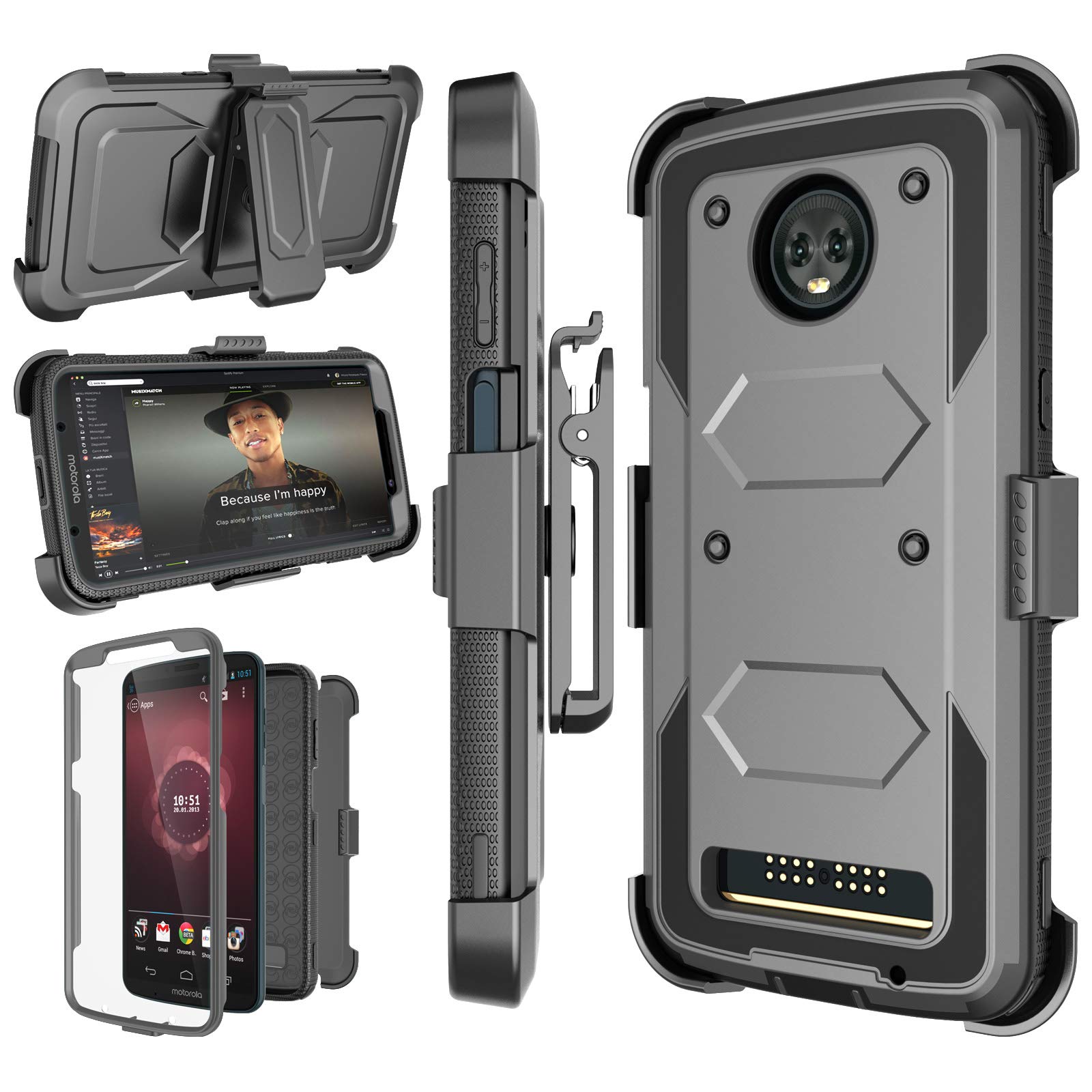 Njjex for Moto Z3 Case, for Motorola Z3 Case/Moto Z3 Play Holster Clip, [Nbeck] Shockproof Heavy Duty Built-in Screen Protector Rugged Locking Swivel Belt Clip Kickstand Hard Shell Cover [Grey]