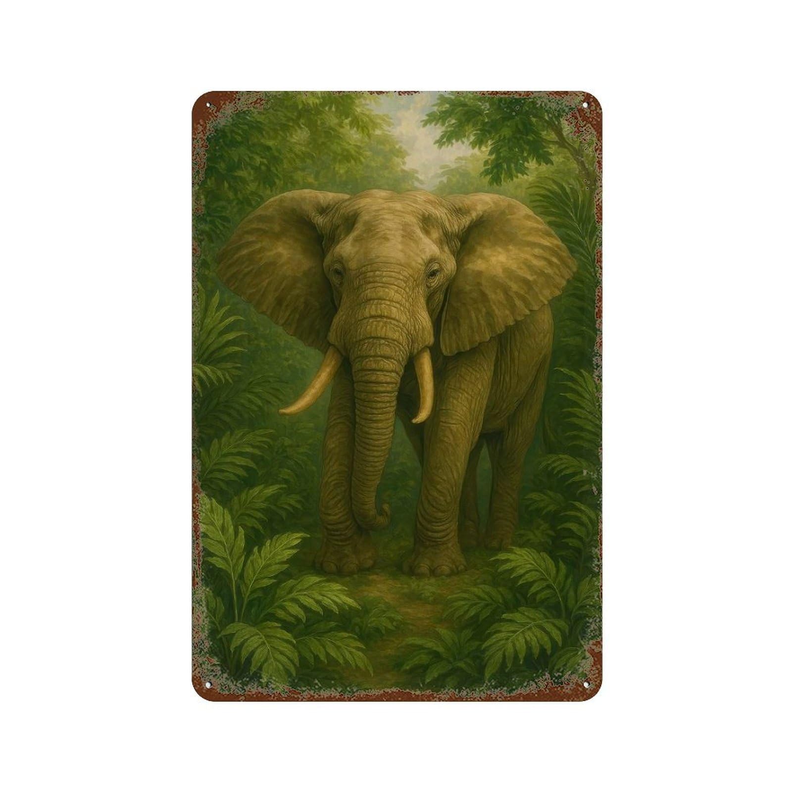 Elephant in Lush Green Jungle Aged Metal Wall Plaque 11.8"x7.9", for Office, Studio And Wall Decor, Novelty Wall Decor