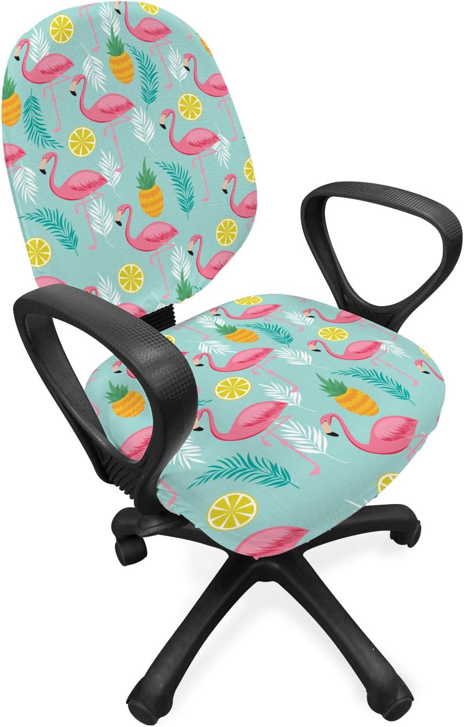 Ambesonne Art Office Chair Slipcover, Exotic Theme Pink Flamingos and Pineapples Hawaiian Background Palm Leaves, Protective Stretch Decorative Fabric Cover, Standard Size, Teal Pink