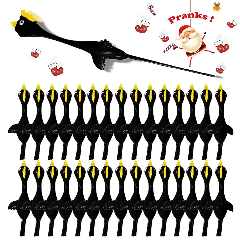 Slingshot Chicken Rubber Chicken Flick Chicken Flying Chicken Flingers Stress Gag Toys, Rubber Chicken Slingshot Funny Christmas Stuffers Easter Chicks Novelty Gifts for Kids (Black Yellow 30 Pcs)