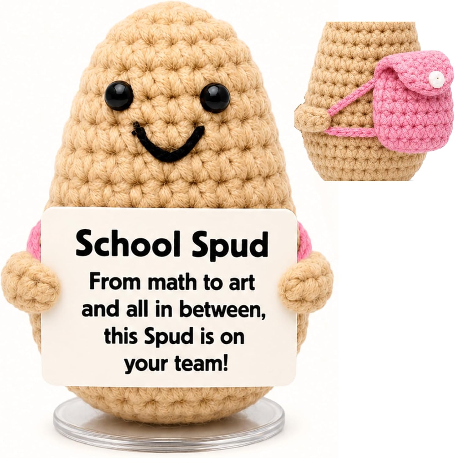 Study Buddy Pickle Crochet Plush with Mini Backpack – Cute Student Gift, Motivational Study Companion, Back to School Desk Decor, Unique Classroom Appreciation Gift