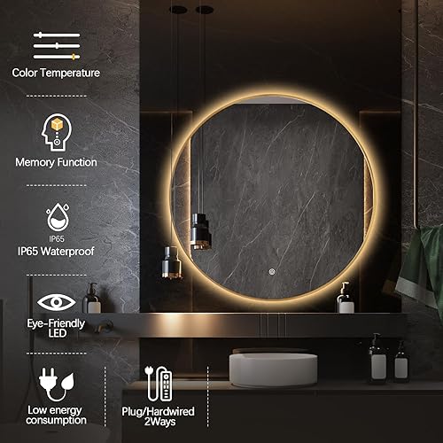 Miniatura 7 de Niccy Espejo redondo retroiluminado LED de 40 pulgadas para baño, espejo de pared con marco dorado, espejos circulares inteligentes LED con 3