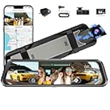 3 Channel Mirror Dash Camera for Cars, Triple Rear View Mirror with Front 4K/3K, Inside and Rear 1080P with WiFi, G-Sensor, Night Vision, Reverse Assist, Parking Monitoring (Include 64GB Card)