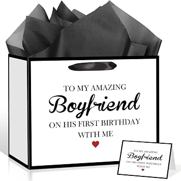 Boyfriend First Birthday Gift Bag Funny First Lover Birthday Gift Bags for Him To My Boyfriend First Birthday with Wrapping Paper and Card Romantic Birthday Party Favors Supplies Milestone First Boyfriend Birthday Gift Wrap Couple Men