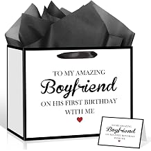 Boyfriend First Birthday Gift Bag Funny First Lover Birthday Gift Bags for Him To My Boyfriend First Birthday with Wrapping Paper and Card Romantic Birthday Party Favors Supplies Milestone First Boyfriend Birthday Gift Wrap Couple Men