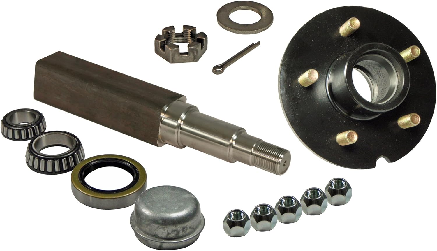 Single - 5-Bolt on 5 Inch Hub Assembly (SQ-350055) Includes (1) Square Stock 1-3/8 Inch To 1-1/16 Inch Tapered Spindle & Bearings
