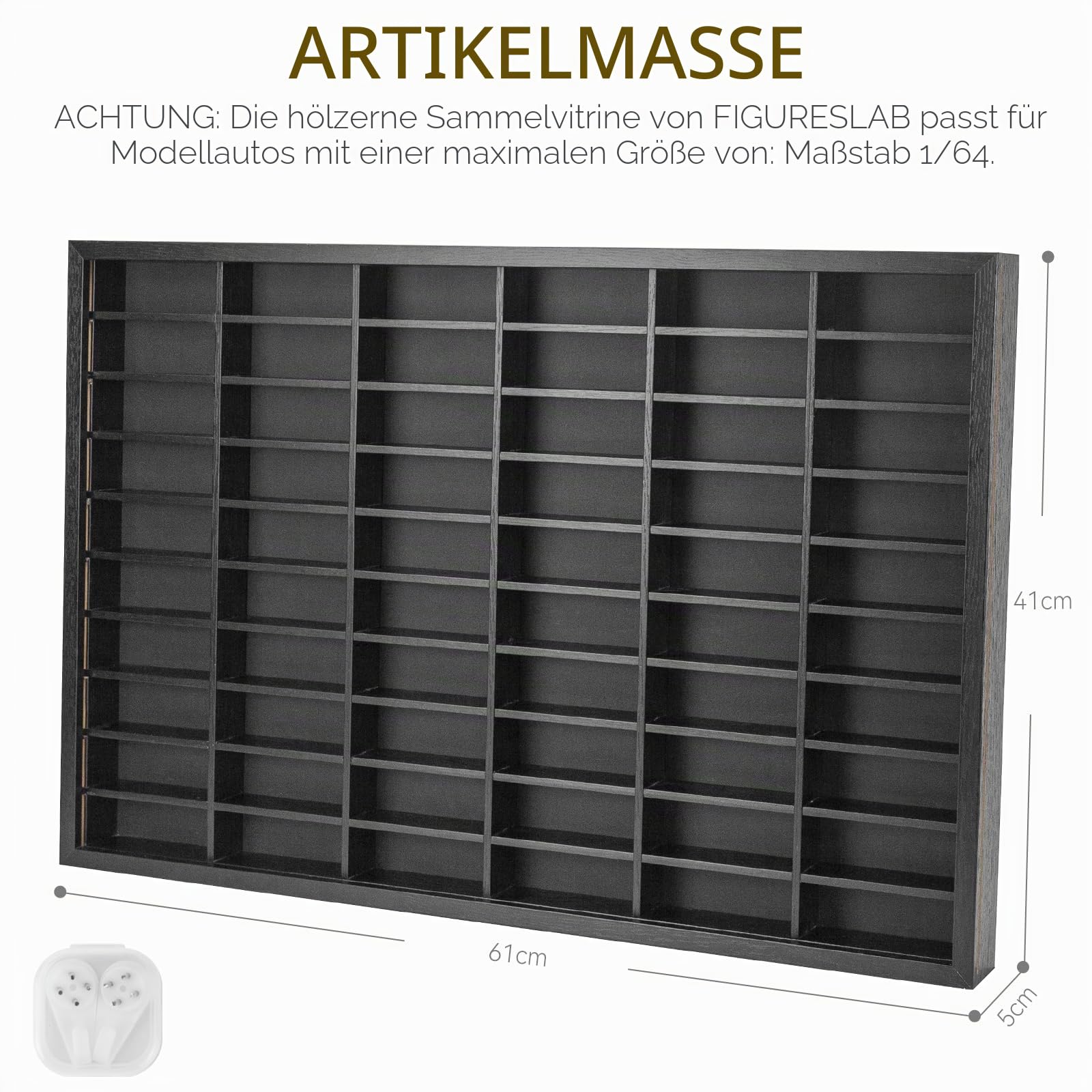 Modellauto-Sammler-Vitrine, Maßstab 1:64, Druckguss, Streichholzschachtel-Räder, 60-Fach-Auto-Display mit schwarzem, staubdichten Holzrahmen, 41,3 x 61,2 x 5 cm