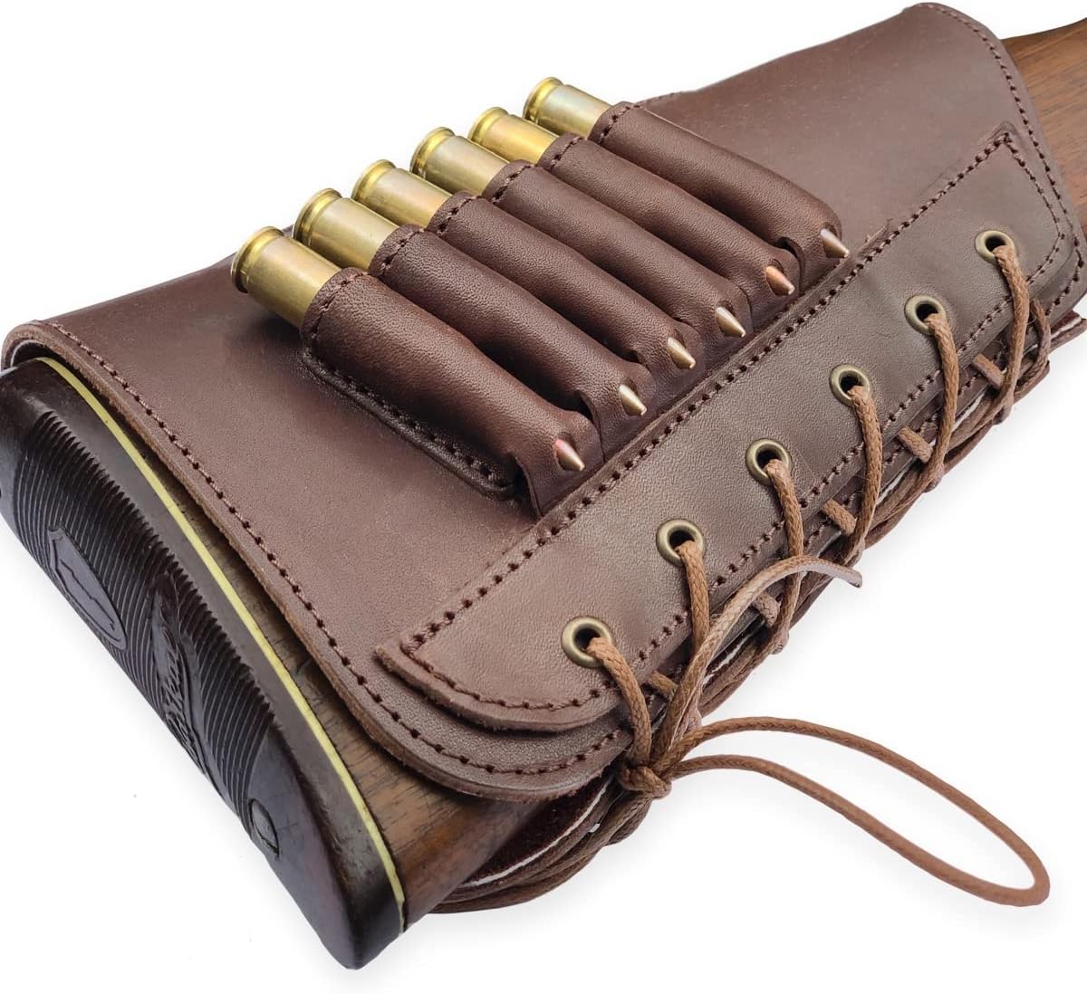 Real Leather Buttstock Rifle Cartridges Ammo Holder Carrier Cover Suede Padded Cheek Rest - 6 Rounds