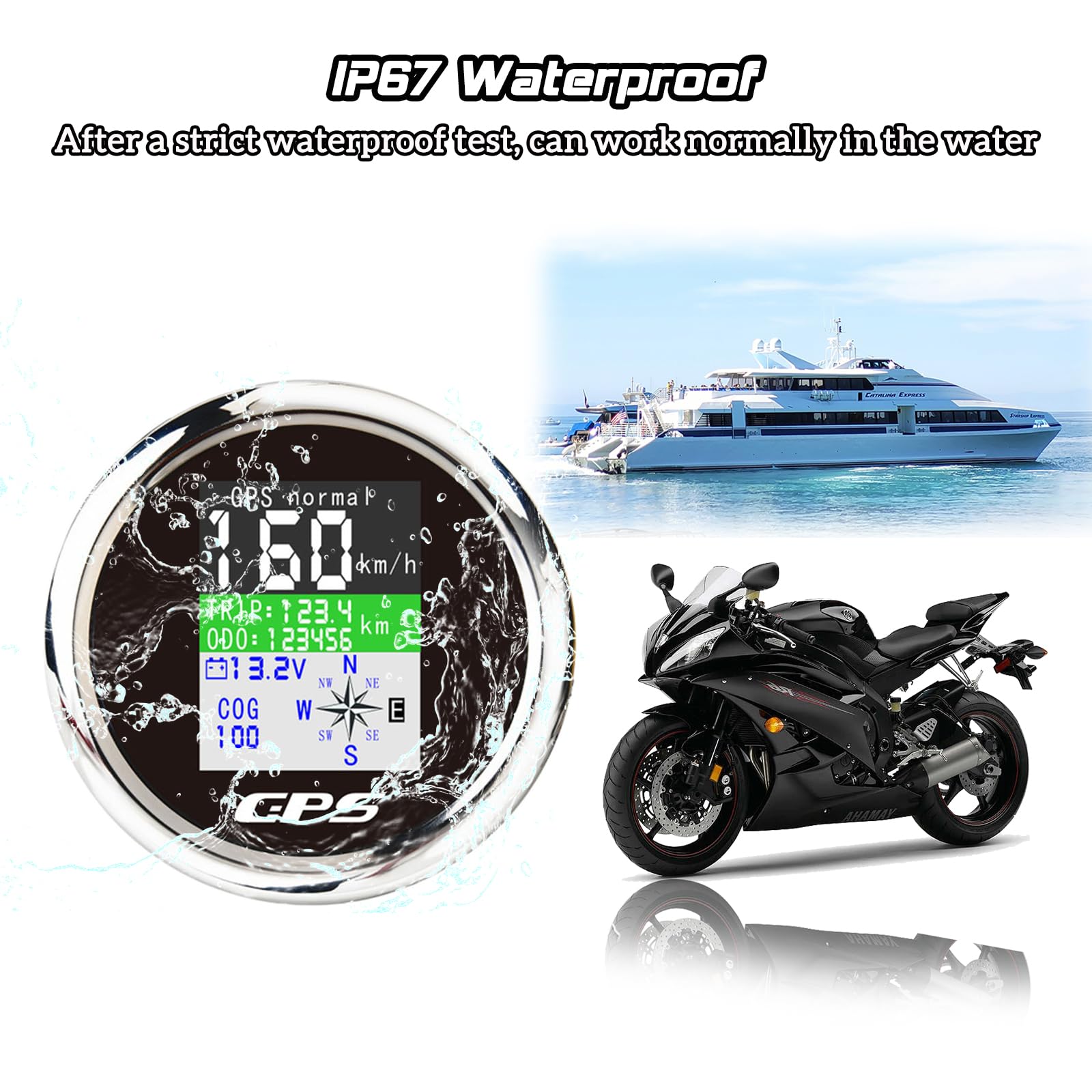 KAOLALI Universel Numérique Compteur De Vitesse GPS, Compteur de Vitesse Bateau en Acier Inoxydable de 85 mm, Compteur de Vitesse Numérique Étanche, Adapté aux Bateau Yacht Moto Voiture(Argent-noir)