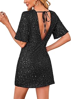 Women's Sequin Mini Club Party Dress Short Sleeve Crewneck Tie Backless ...
