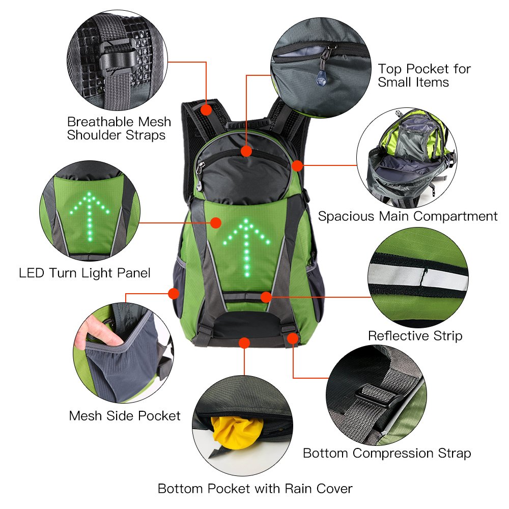 Lixada Sac À Dos Réfléchissant Léger 18L USB Rechargeable Indicateur de Direction du Signal Lumineux sans Fil à Del pour Cyclisme Courir Marche Jogging (Vert noir)