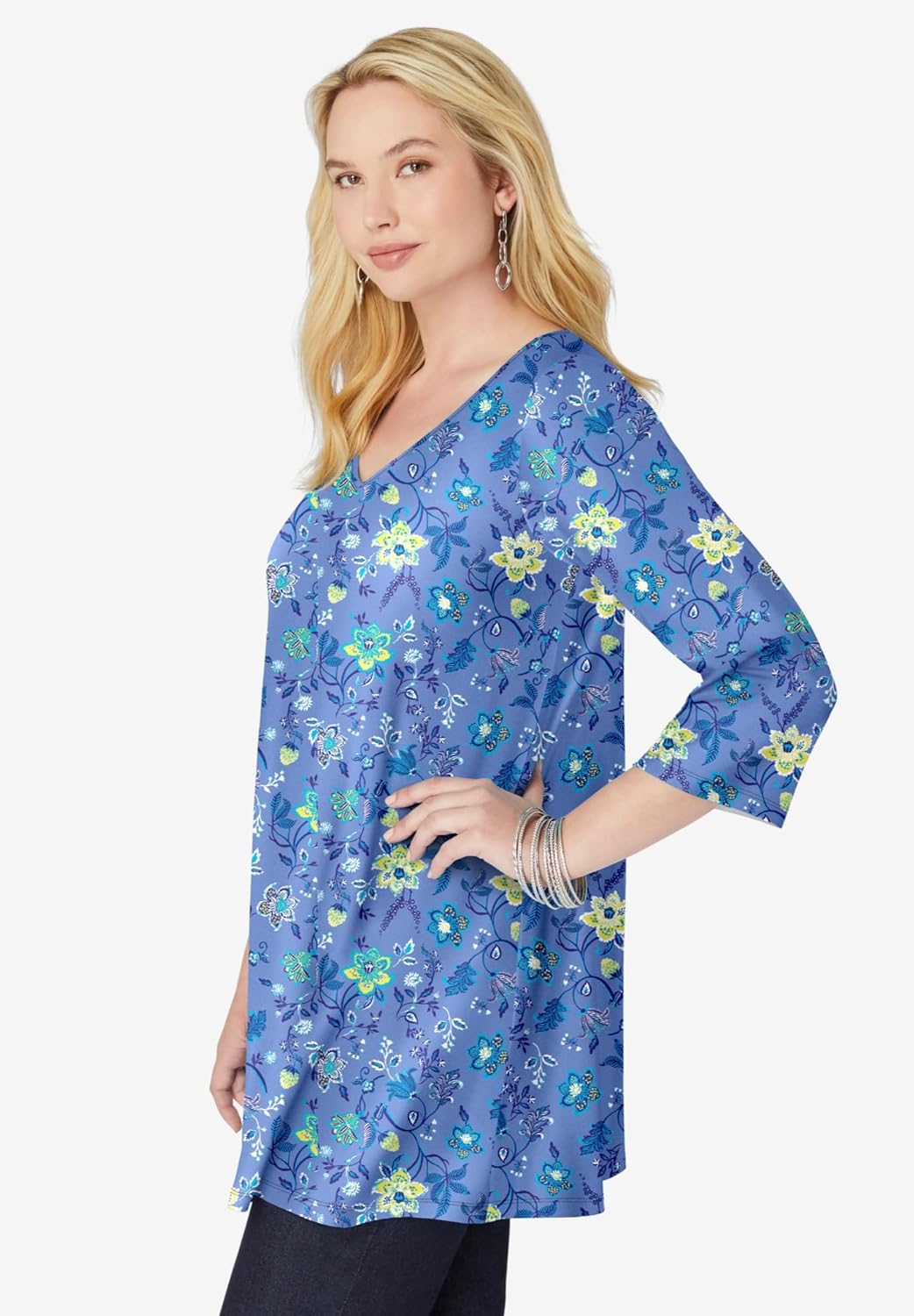 Woman Within Plus Size Perfect Printed Three-Quarter-Sleeve V-Neck Tunic - Image 3