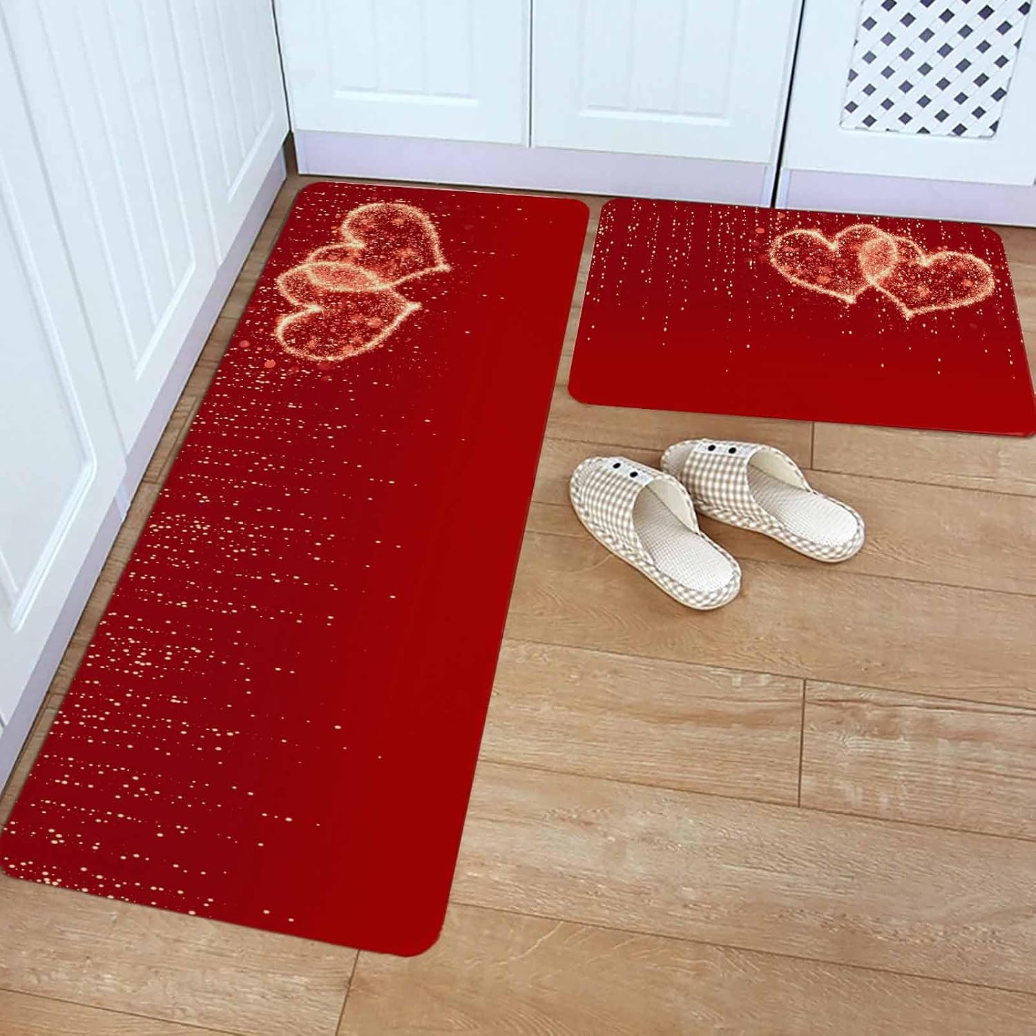 Happy Valentine's Day Kitchen Rugs and Mats Set of 2, Non-Slip Kitchen Sink Mat, Red Shining Love Heart Romantic Washable Doormat Bathroom Rugs Runner for Bedroom/Living Room 19.7"x23.6"+19.7"x47.2"