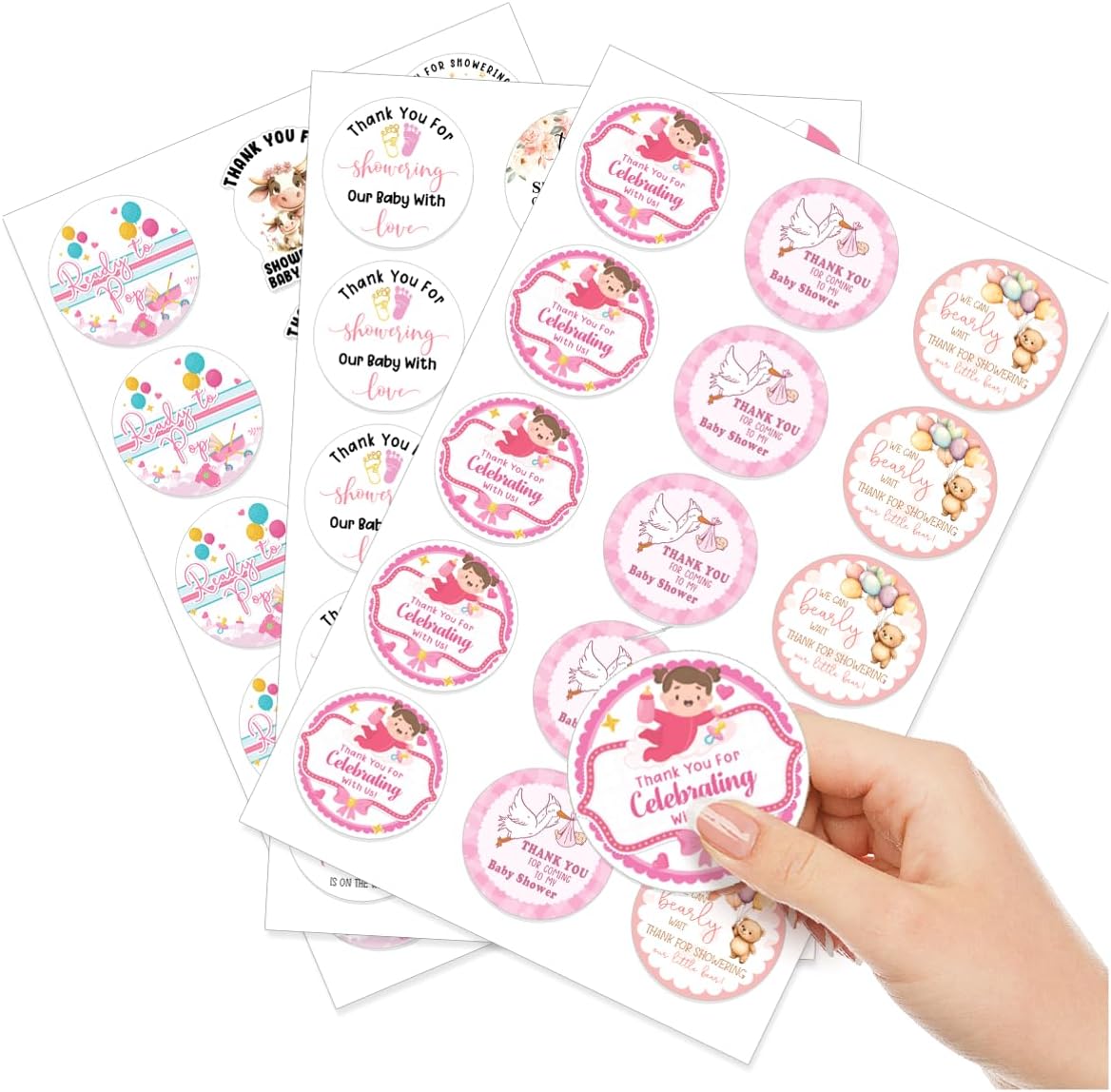 Baby Shower Girl Stickers Cute Thank You Labels for Favors and Decorations Elephant Cow Bear Theme Party Supplies 45Pcs Vinyl Car Motorcycle Bike Bumper Laptop