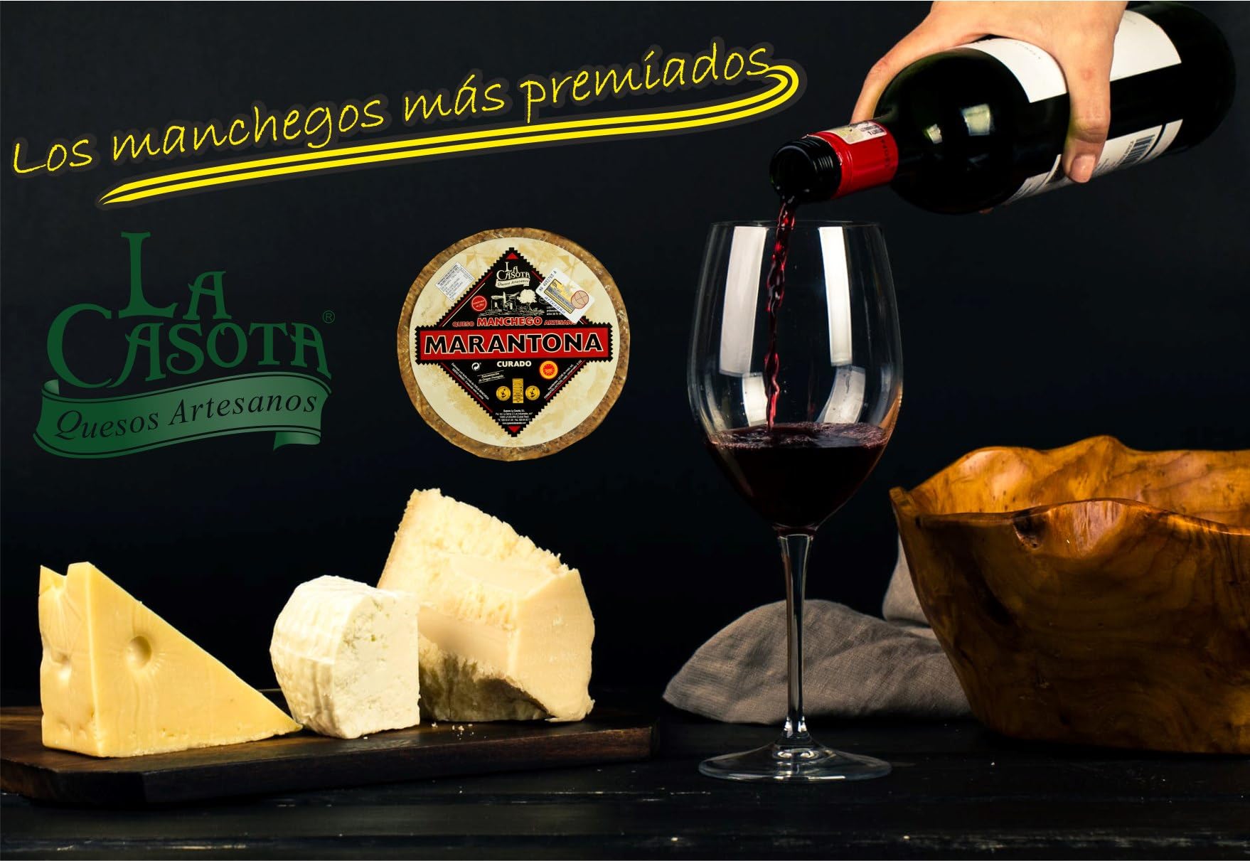 Queso Manchego Artesano D.O.P. Curado Marantona - 1/2 Pieza 1,5kg (Aprox.) - Elaborado con Leche Cruda de Oveja - Sabor Intenso - Origen La Solana