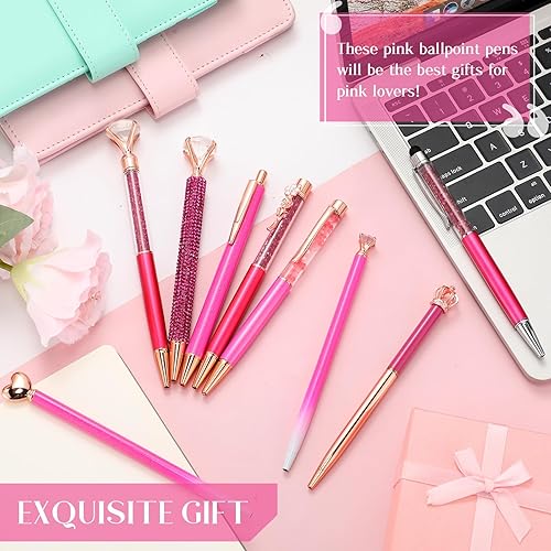 Miniatura 6 de Janmini Juego de 9 bolígrafos de punta de bola de metal con diamantes de cristal con purpurina para diario, tinta negra, cosas bonitas y lindas,