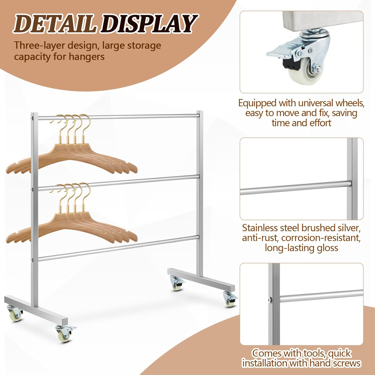 DoubleFill 3 Tier Universal Clothing Hanger Storage Rack Stainless Steel Hanger Organizer Holder Stand Storage System for Shopping Mall Specialty Store Laundry Room 30" W x 15" D x 32 ½"H