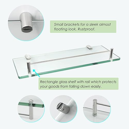 Miniatura 8 de mokhome Estantes de baño, organizador de ducha de cristal, estante flotante rectangular montado en la pared, estantería de vidrio transparente