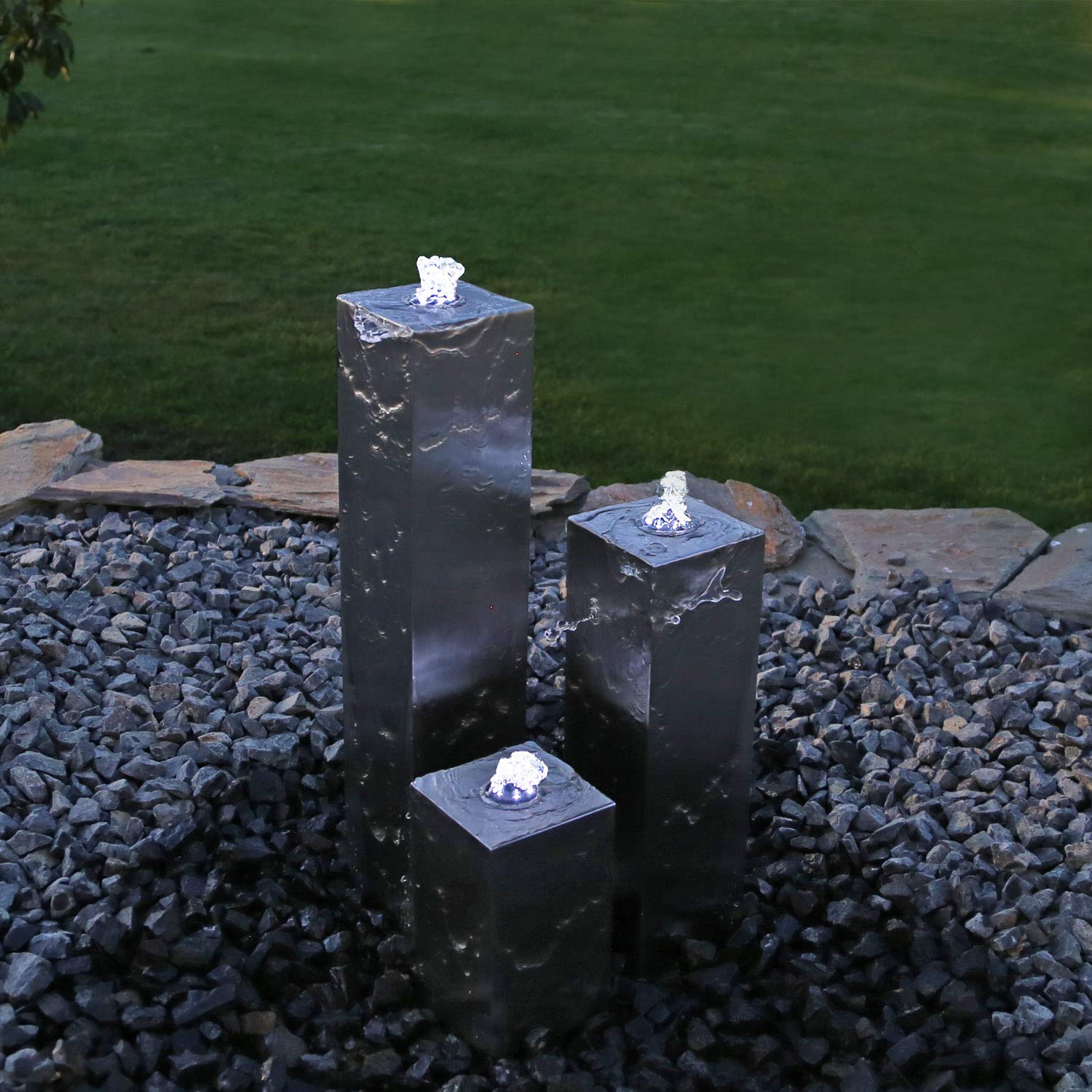 CLGarden Edelstahl Springbrunnen ESB8 Design Säulenbrunnen eckig mit LED Beleuchtung Wasserspiel Set