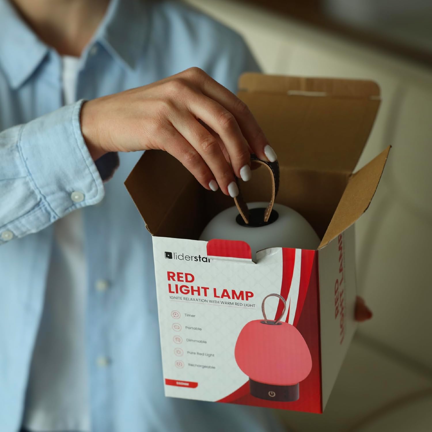 liderstar Red Light Therapy Sleep Lamp – 660nm Glow for Better Sleep | Cordless, Dimmable Night Light with Timer | Rechargeable, Portable Red Lamp for Bedroom (Light Wood)