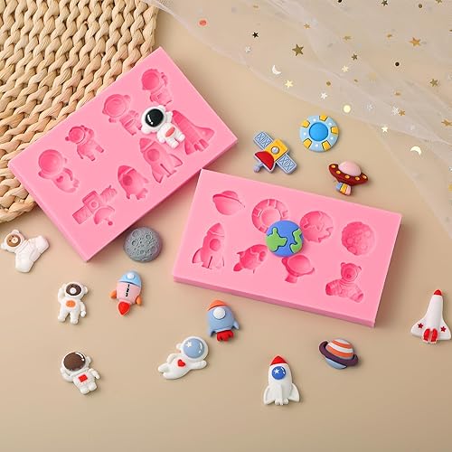 Miniatura 2 de ICOCONG Molde de silicona para decoración de pastel de astronauta, 2 unidades, molde de fondant de chocolate de nave espacial, para adornos de