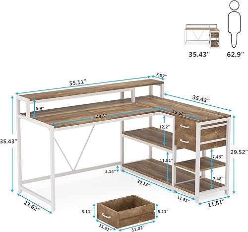 Miniatura 3 de Tribesigns Escritorio reversible en forma de L con cajón, escritorio de esquina industrial, mesa de oficina en casa con estantes de almacenamiento y
