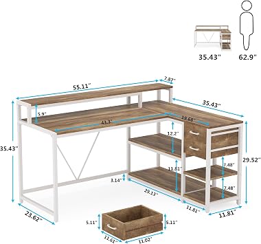 Tribesigns L Shaped Desk with Drawers and Monitor Stand, L Corner Desk with Storage Shelves, Beige Wooden PC Table for Samll Home Office