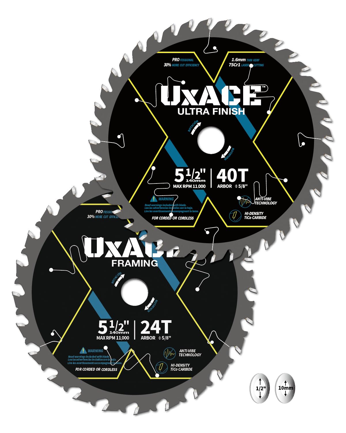 UXACE 5-1/2-Inch 24&40-Tooth Circular Saw Blade with 5/8-Inch Arbor, Framing & Ultra Finish Wood Cutting, Carbide Tip, Thin Kerf, for Plywood, MDF,