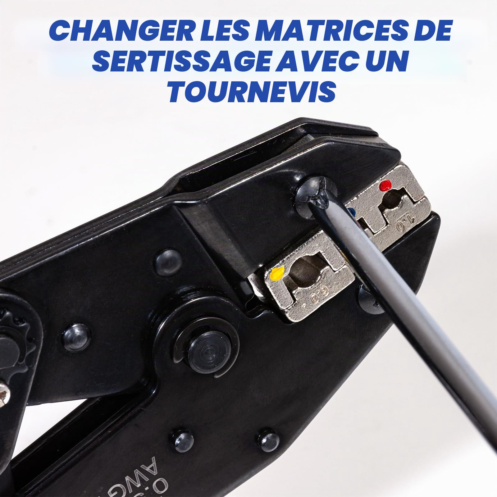 Pince à Sertir Kit, pince à cliquet pour gaines thermorétractables, nylon isolé, non isolé, embouts à bague, cosses à corps ouvert, connecteurs solaires - avec 6 matrices interchangeables