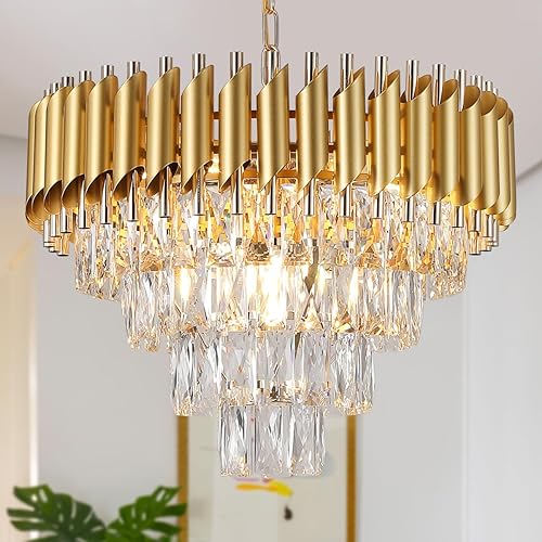 Candelabro moderno de cristal dorado K9 de 9 luces, 4 niveles y 20 pulgadas, lámpara colgante de techo, iluminación contemporánea para comedor,