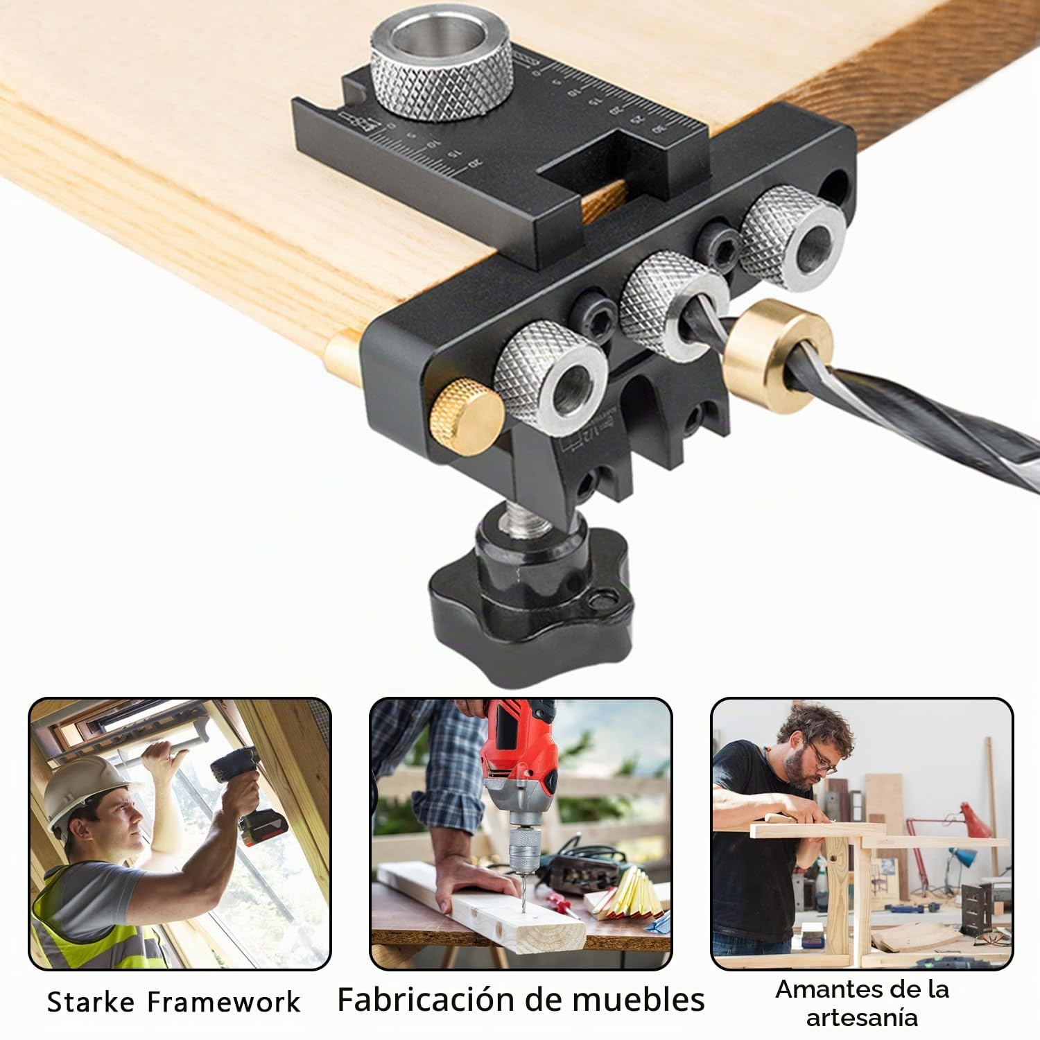 FIVAVA 3 en 1 Plantilla de Perforación 8/10/15mm, Guía Ajustable con Clip de Posicionamiento, Kit para Tacos de Madera y Bisagra Oculta, Herramientas de Carpintería para Muebles