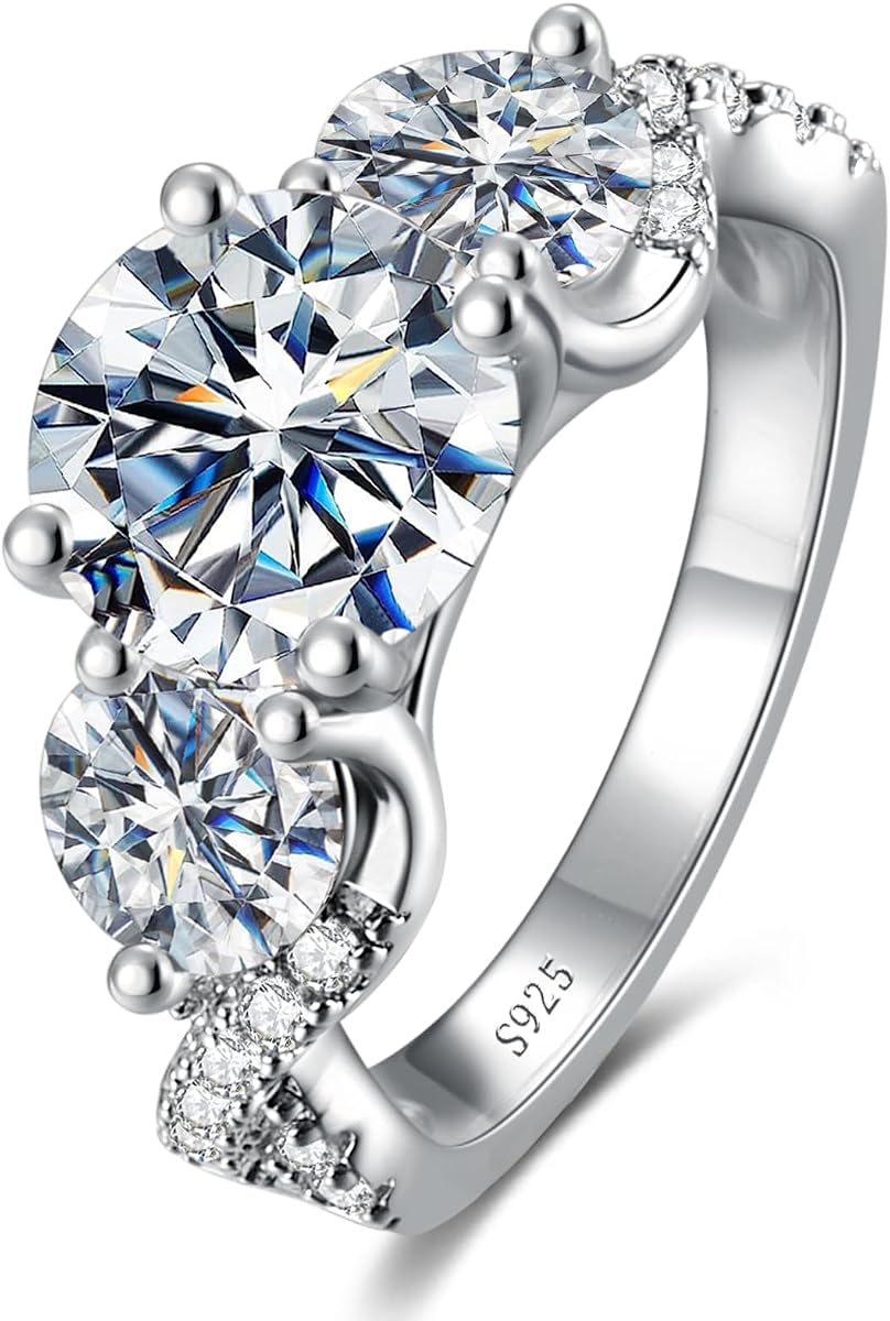 4.6CT 3 Stone Moissanite Engagement Rings for Women | 925 Sterling Silver,D Color VVS1,Round Cut,Wedding Anniversary Promise Ring,Ring Box Included