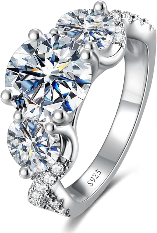 4.6CT 3 Stone Moissanite Engagement Rings for Women | 925 Sterling Silver,D Color VVS1,Round Cut,Wedding Anniversary Promise Ring,Ring Box Included