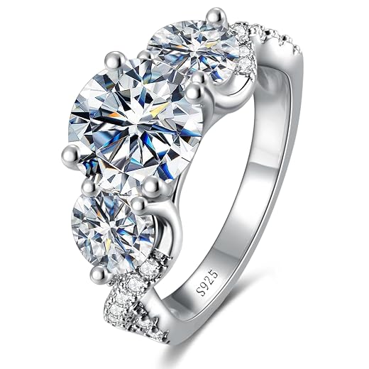 4.6CT 3 Stone Moissanite Engagement Rings for Women | 925 Sterling Silver,D Color VVS1,Round Cut,Wedding Anniversary Promise Ring,Ring Box Included