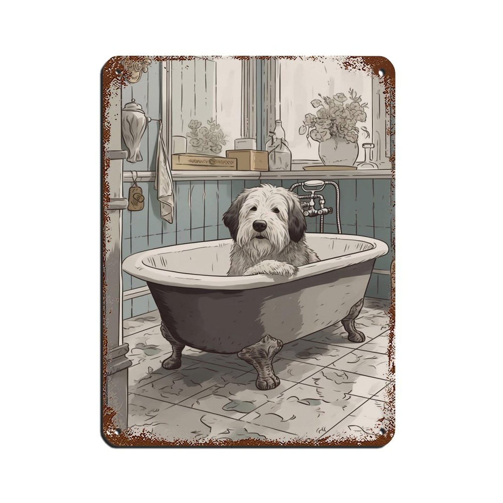 Old English Sheepdog in Bath, Bathroom Art Tin Sign Vintage Metal Pub Club Cafe Bar Home Wall Art Decoration Poster Retro 12x16inch(30x40cm)