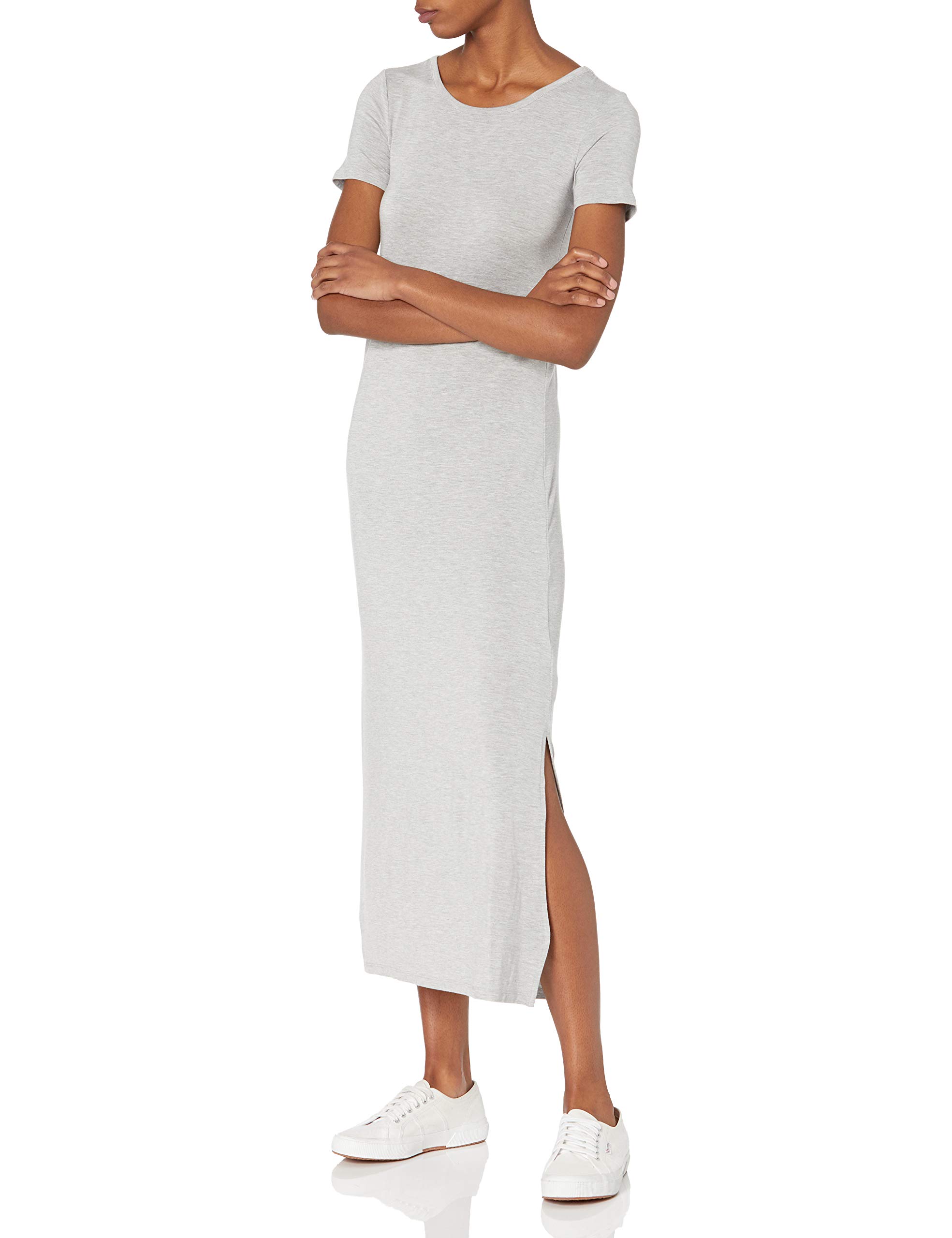 Amazon Brand - Daily Junior's Jersey Crewneck Short Sleeve Maxi Dress with Side Slit, Heather, X-Small