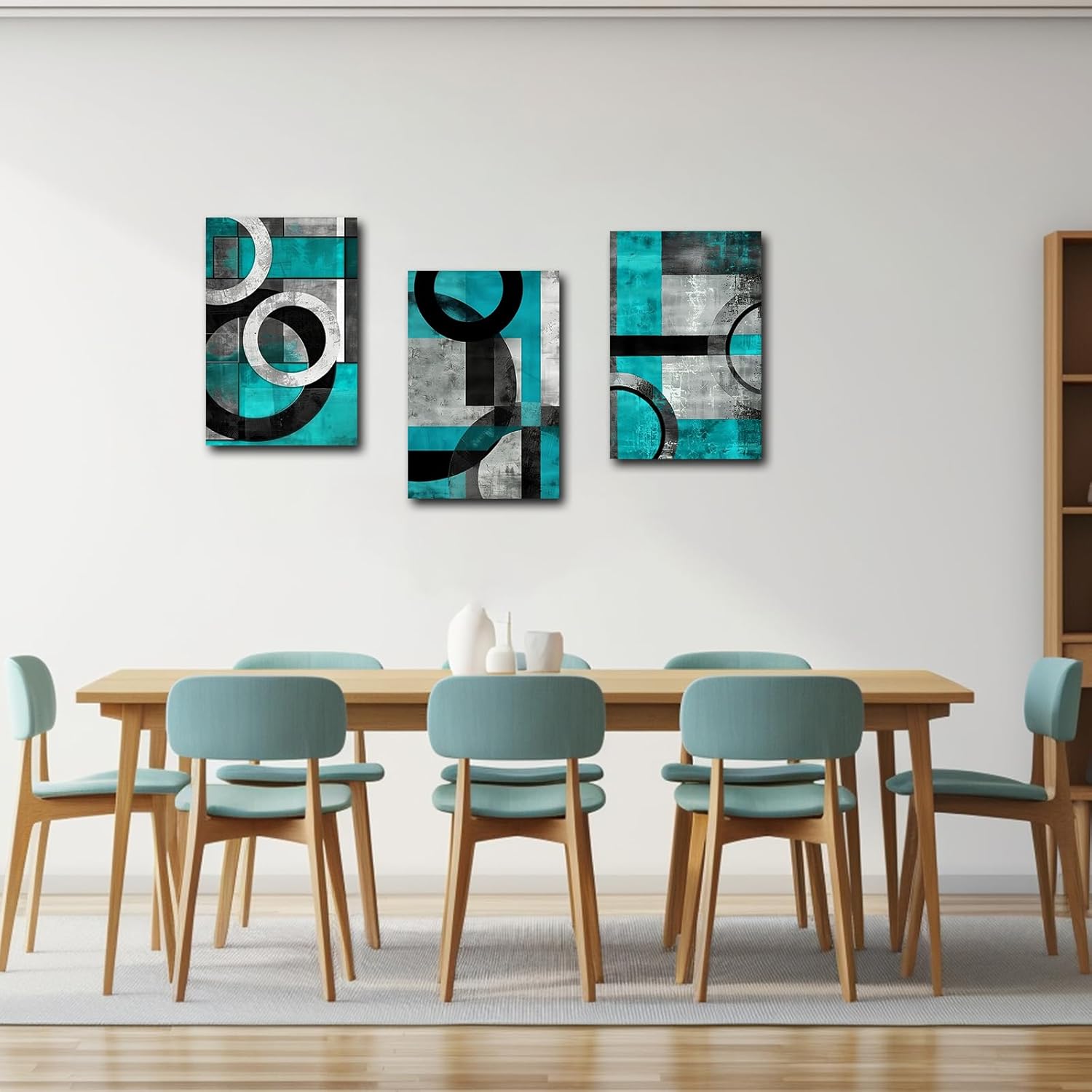 SWQYLB Teal Abstract Wall Art Blue and Gray Canvas Print 3 Pieces Abstract Geometric Circle Black Gray Painting for Home Office Decor Framed (Teal, 12.00" x 16.00" x 3PCS)