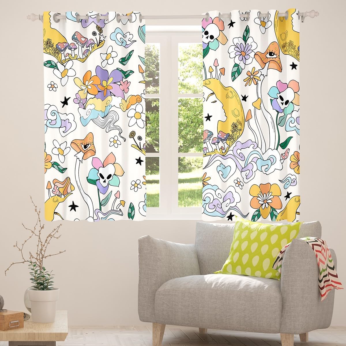 Trippy Mushroom Curtains,Daisy Floral Moon Cloud Window Curtains,Groovy Hippie Style Window Treatment Drapes,Kids Girls Boys Teens Colorful Boho Living Room Bedroom Decor, Top 2 Panels,42Wx90L