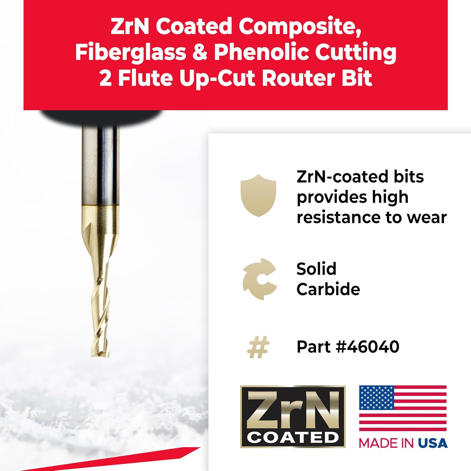 Amana Tool CNC Solid Carbide Up-Spiral Router Bit for Composite, Fiberglass, Phenolic, ZrN Coated, 46040, 1/8 Dia x 1/2 x 1/4 Shank x 2 Inch Long