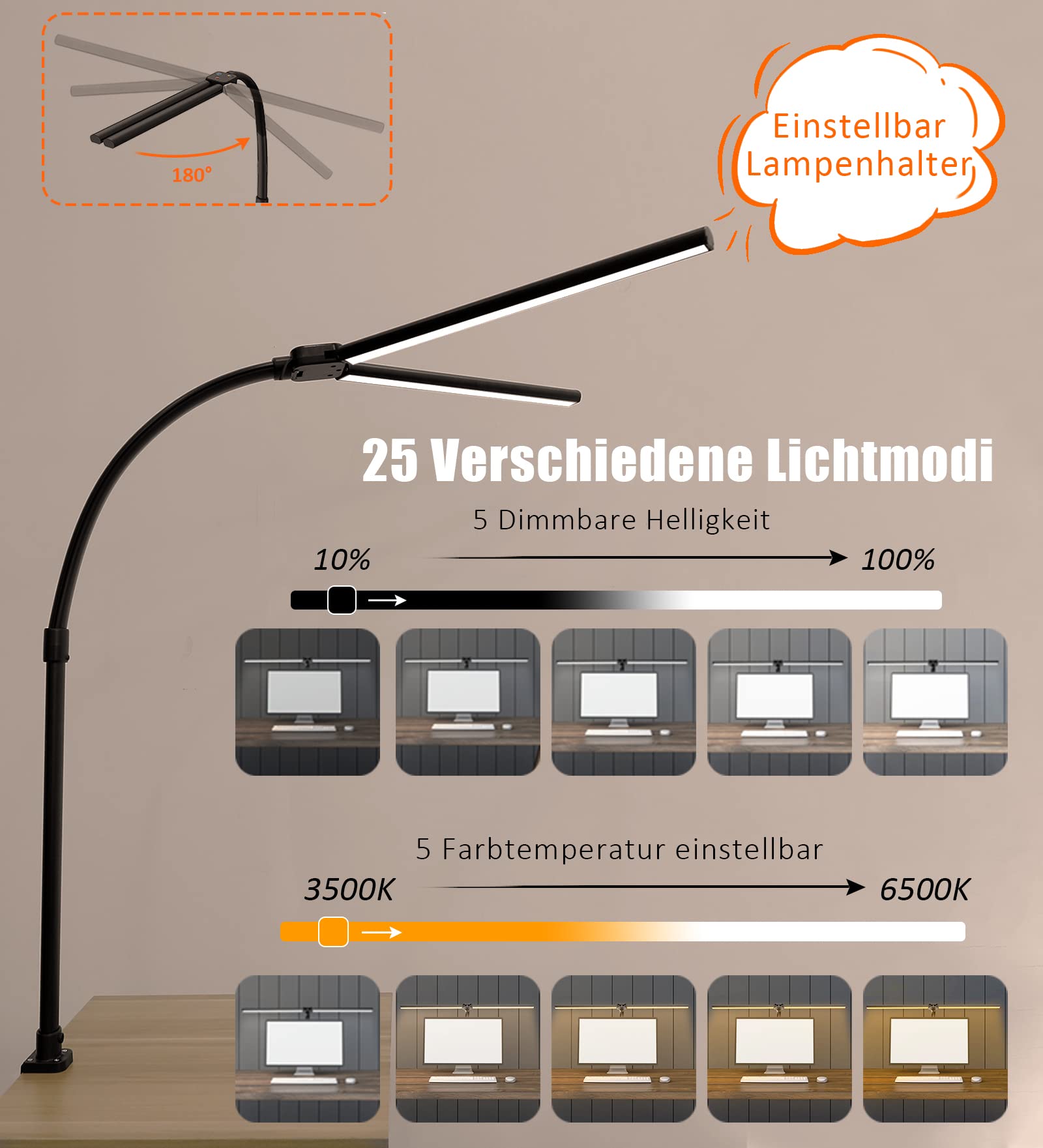 LOTTBUTY Doppelkopf Schreibtischlampe LED dimmbar,24W 80CM Homeoffice Tageslichtlampe Schreibtisch Lampe, Schwanenhals Büro Tischlampe (Schwarz,Klemmbar)