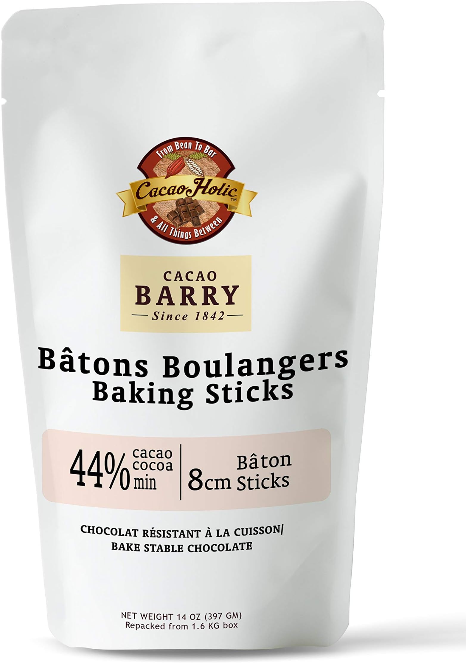 14 OZ Cacaoholic Chocolate Baking Sticks, Batons Boulangers | 3in/8cm Length - 44% Cocoa | Bake Stable Chocolate Croissants | Resealable Stand Up Pouch