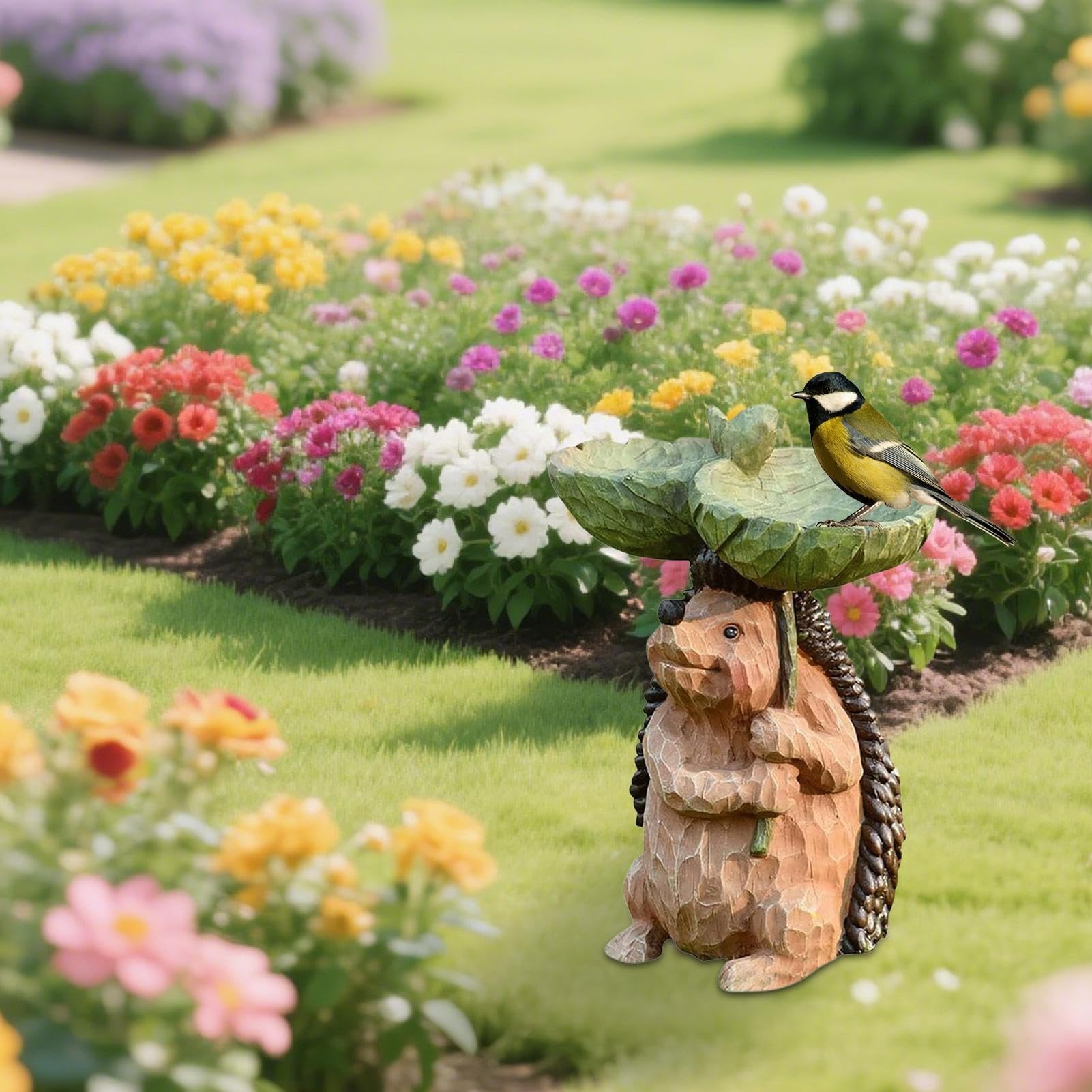 Riccio ornamento da giardino con mangiatoia per uccelli e vasca, scultura paesaggistica in resina resistente alle intemperie, per cortile e patio all'aperto, 15 x 10 x 21 cm