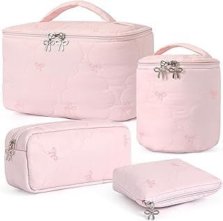 4Pcs Quilted Makeup Bag Set, Cute Bowknot Toi...