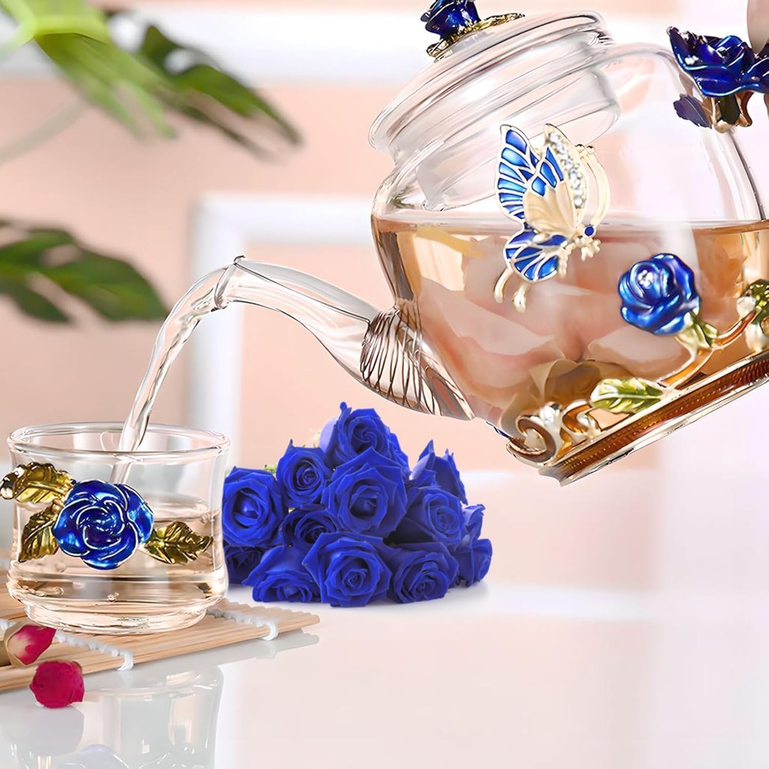 300ml Heat Resistant Glass Teapot with Golden Leaf Edge, Floral Pattern Ret