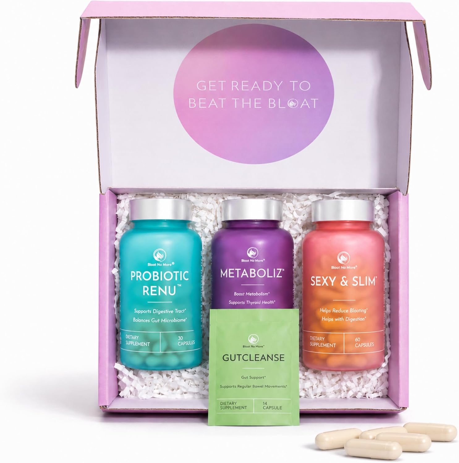 Bloat No More 4-in-1 Wellness Kit for Women – Gut Health, Metabolism, Probiotic & 7-Day Cleanse Bundle – Digestive Enzymes, Thyroid Support, Probiotic Renu & Gentle Colon Cleanse
